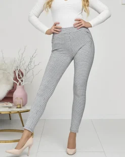 Szaro- czarne ocieplane damskie tregginsy w kratkę Legginsy / Tregginsy