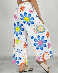 Best Szerokie spodnie damskie materiałowe w kwiaty Spodnie Materiałowe
