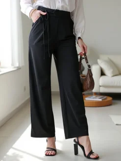 Sale Szerokie spodnie damskie z wiązaniem po boku Spodnie Materiałowe