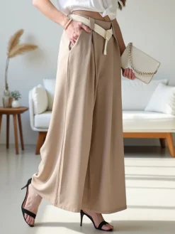 Best Szerokie spodnie damskie z paskiem Spodnie Materiałowe