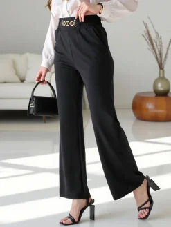 New Szerokie spodnie damskie z ozdobną klamerką Spodnie Materiałowe