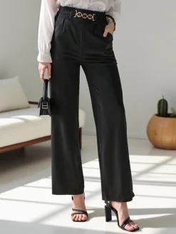New Szerokie spodnie damskie z ozdobną klamerką Spodnie Materiałowe