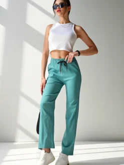 Hot Szerokie spodnie damskie materiałowe z bawełną Spodnie Materiałowe