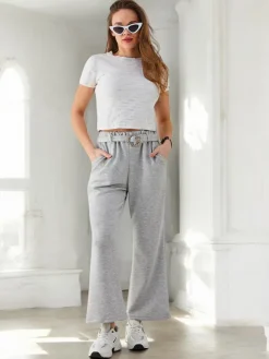 Sale Szerokie spodnie materiałowe damskie z ozdobnym paskiem Spodnie Materiałowe