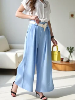 Online Szerokie spodnie damskie z paskiem Spodnie Materiałowe