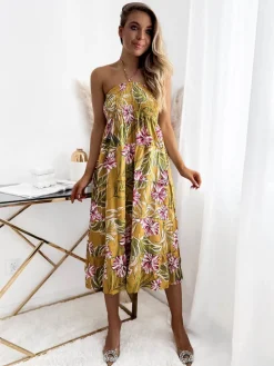 New Żółta damska sukienka midi z kwiecistym wzorem Sukienki Letnie|Sukienki Długie