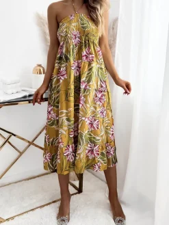 New Żółta damska sukienka midi z kwiecistym wzorem Sukienki Letnie|Sukienki Długie