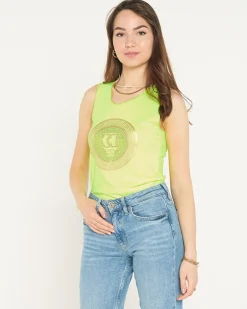 Best Żółta owa bluzka na ramiączkach z printem i cyrkoniami Bluzki / Koszule / Koszulki