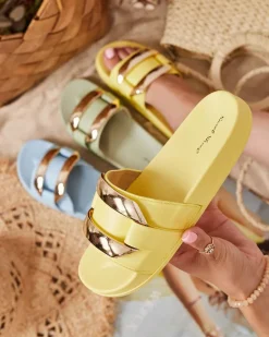 Discount Żółte damskie klapki ze złotą ozdobą Serina Klapki Płaskie