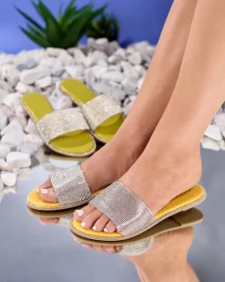 Outlet Żółte damskie klapki z cyrkoniami Verina Klapki Płaskie