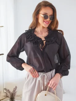 Discount Transparentna damska koszula z ozdobnym kołnierzykiem Bluzki / Koszule / Koszulki