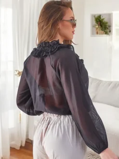 Discount Transparentna damska koszula z ozdobnym kołnierzykiem Bluzki / Koszule / Koszulki