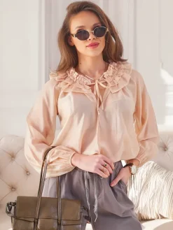 Sale Transparentna damska koszula z ozdobnym kołnierzykiem Bluzki / Koszule / Koszulki