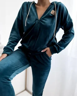 Online Turkusowy damski komplet dresowy z naszywką Damskie Spodnie Dresowe|Bluzy