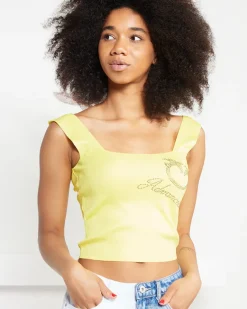 Sale Żółty damski crop top na ramiączkach Bluzki / Koszule / Koszulki