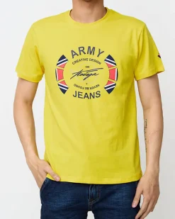 Outlet Żółty męski t-shirt z nadrukiem Bluzki