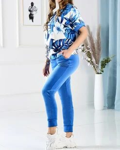 Welurowy damski komplet dresowy z motywem roślinnym w kolorze m Damskie Spodnie Dresowe|Bluzy