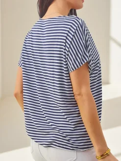 Online Wiskozowa bluzka damska w paski z krótkim rękawem i brokatowym wykończeniem Bluzki / Koszule / Koszulki