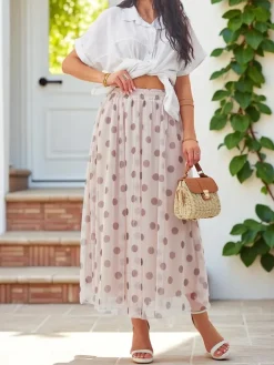 Online Wiskozowa damska spódnica midi z tiulem w kropeczki Spódnice
