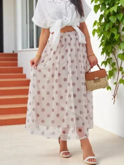 Online Wiskozowa damska spódnica midi z tiulem w kropeczki Spódnice
