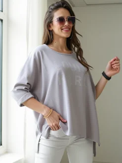 Hot Wiskozowa damska bluzka z napisami z cyrkonii Bluzki / Koszule / Koszulki