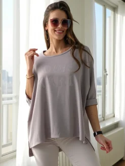 Hot Wiskozowa damska bluzka z napisami z cyrkonii Bluzki / Koszule / Koszulki