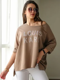 Best Wiskozowa damska bluzka z napisami z cyrkonii Bluzki / Koszule / Koszulki