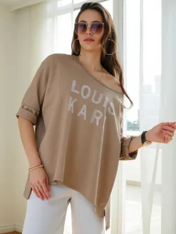 Best Wiskozowa damska bluzka z napisami z cyrkonii Bluzki / Koszule / Koszulki