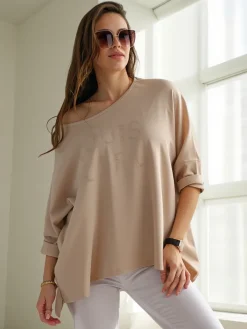 Wiskozowa damska bluzka z napisami z cyrkonii Bluzki / Koszule / Koszulki