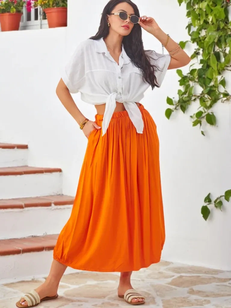 Best Wiskozowa Damska spódnica midi letnia i zwiewna z dwoma kieszeniami Spódnice