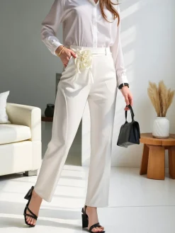 Wiskozowe proste spodnie damskie z kwiatem Spodnie Materiałowe