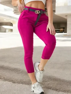 Best Wiskozowe spodnie damskie rurki z paskiem Spodnie Materiałowe