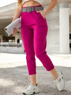 Online Wiskozowe spodnie damskie z paskiem Spodnie Materiałowe