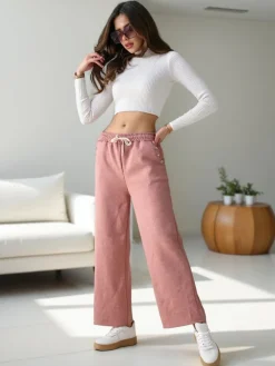 Best Wiskozowe szerokie spodnie damskie dresowe z cyrkoniami Spodnie Materiałowe|Spodnie Dresowe