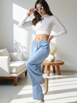 Wiskozowe szerokie spodnie damskie dresowe z cyrkoniami Spodnie Materiałowe|Spodnie Dresowe