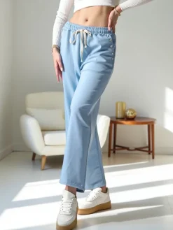 Wiskozowe szerokie spodnie damskie dresowe z cyrkoniami Spodnie Materiałowe|Spodnie Dresowe