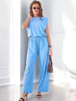 Best Wiskozowy damski komplet prążkowany, bez rękaw i z poszerzanymi spodniami Damskie Komplety Damskie