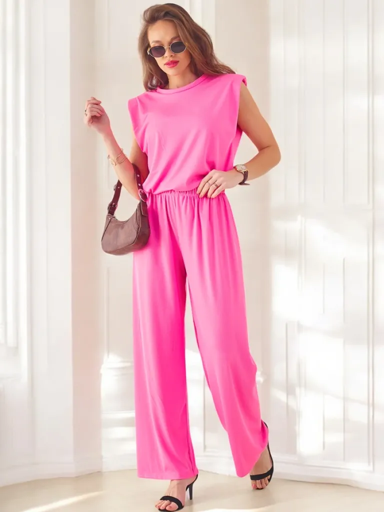 Best Wiskozowy damski komplet prążkowany, bez rękaw i z poszerzanymi spodniami Damskie Komplety Damskie