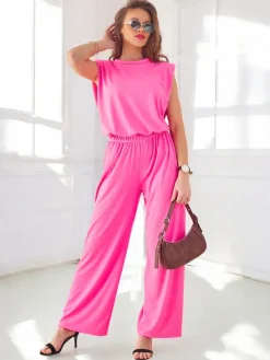 Best Wiskozowy damski komplet prążkowany, bez rękaw i z poszerzanymi spodniami Damskie Komplety Damskie