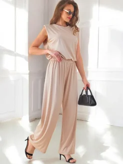 Best Wiskozowy damski komplet prążkowany, bez rękaw i z poszerzanymi spodniami Damskie Komplety Damskie