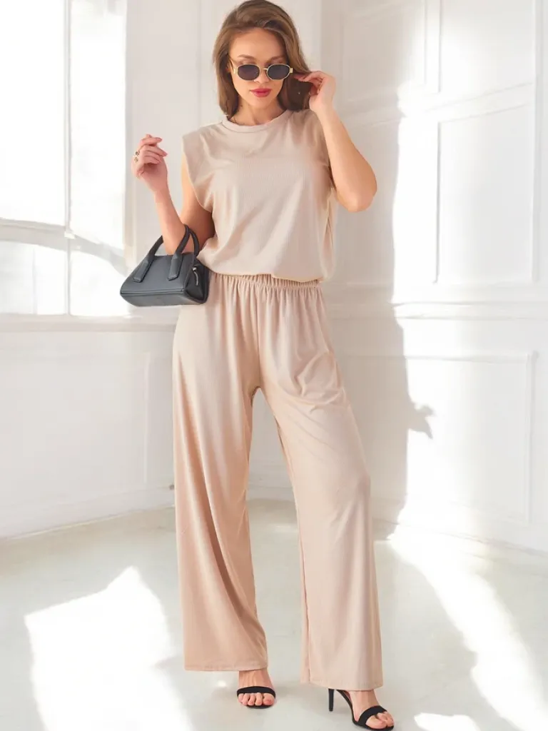 Best Wiskozowy damski komplet prążkowany, bez rękaw i z poszerzanymi spodniami Damskie Komplety Damskie