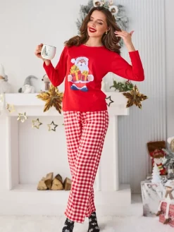 Online Świąteczna bawełniana piżama damska Santa Claus Is Coming Piżamy