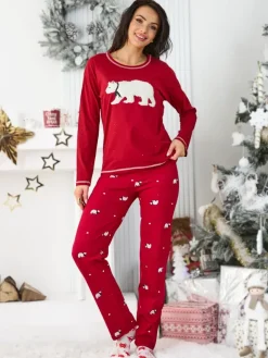 Outlet Świąteczna bawełniana piżama damska z misiem polarnym Piżamy