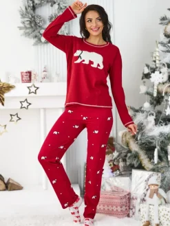 Outlet Świąteczna bawełniana piżama damska z misiem polarnym Piżamy
