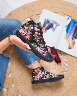 Outlet Wysokie czarne kwieciste trampki damskie Soxic Trampki