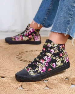 Outlet Wysokie czarne kwieciste trampki damskie Soxic Trampki