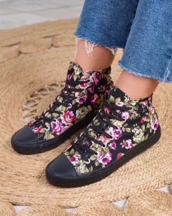 Outlet Wysokie czarne kwieciste trampki damskie Soxic Trampki