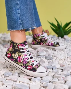 Best Wysokie czarne trampki damskie we wzór w kwiaty Soxic Trampki