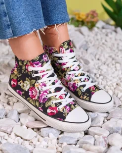 Best Wysokie czarne trampki damskie we wzór w kwiaty Soxic Trampki