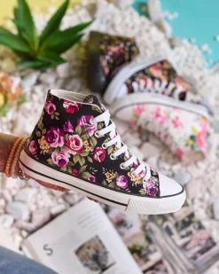 Best Wysokie czarne trampki damskie we wzór w kwiaty Soxic Trampki